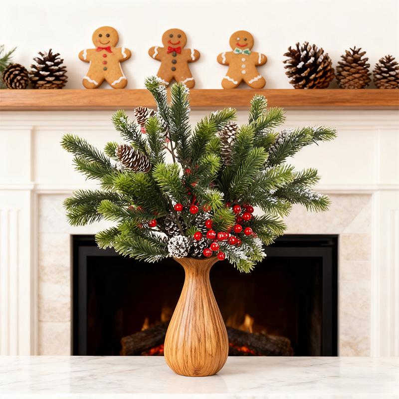 Artificial Pine Needles Branch with Red Berries Christmas Decoration