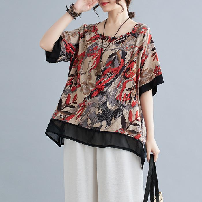 Футболка большого размера из хлопка и льна для женщин, летняя, новый стиль, литературный принт, свободная, с принтом мяса, повседневная, универсальная, с круглым вырезом и короткими рукавами