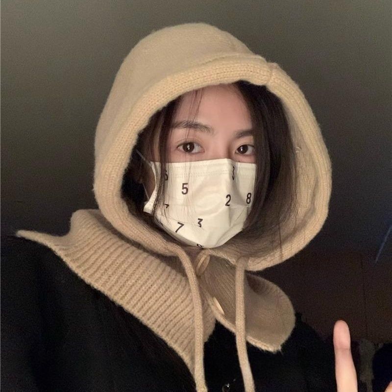 Корейская балаклава для женщин на зиму, теплая шапка-шарф, интегрированная, для пары, с защитой ушей, вязаная шерстяная шапка