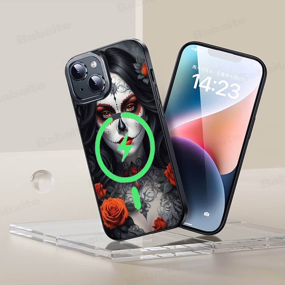 Чехол для телефона Catrina Красивая Девушка Роза Череп Магнитный Чехол Для iPhone 17 16 15 14 13 12 11 Для Magsafe Беспроводная Зарядка Чехол