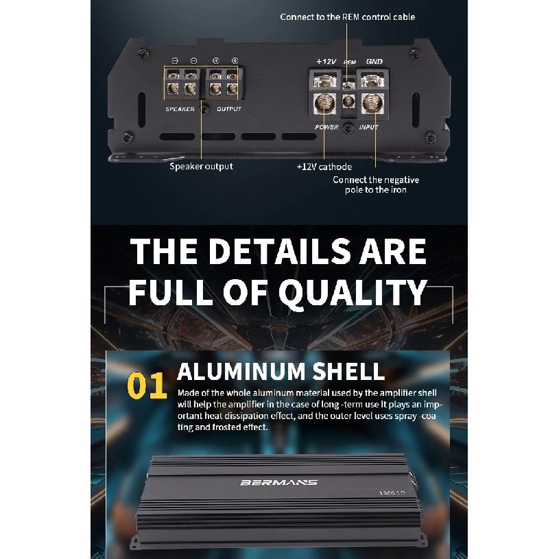 Car Max 1500W single-channel car audio amplifier, low distortion, smooth sound quality, Class D high-power car power amplifier,