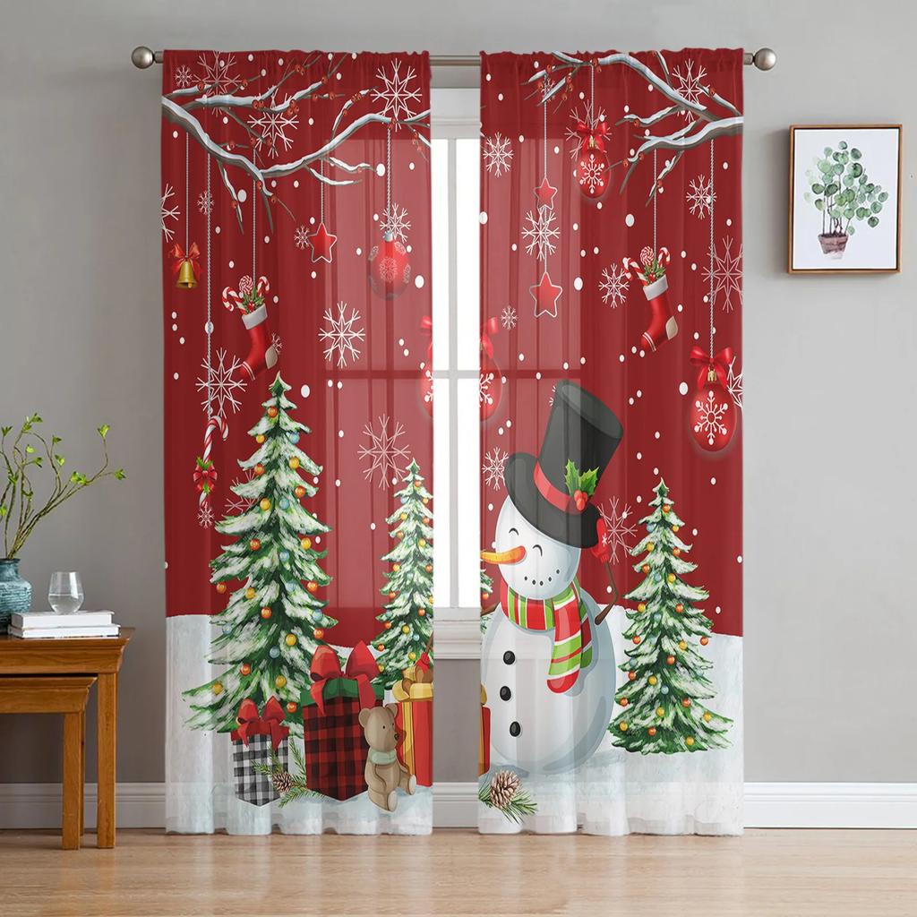 Christmas Room Christmas Tree Fireplace Tulle Sheer Window Curtains for Living Room Bedroom Modern Voile Organza Curtains Drapes