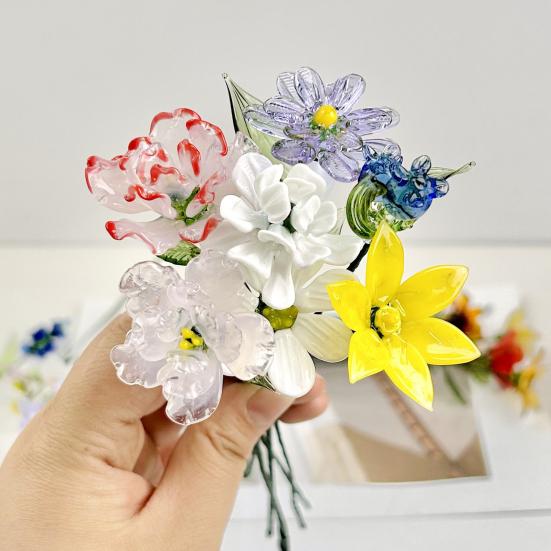 Hand-Blown Glass Flower Decoration with Wire Stem Handmade Colored Glaze Floral Figurine Home Living Room Office Table Flower Vase Ornament