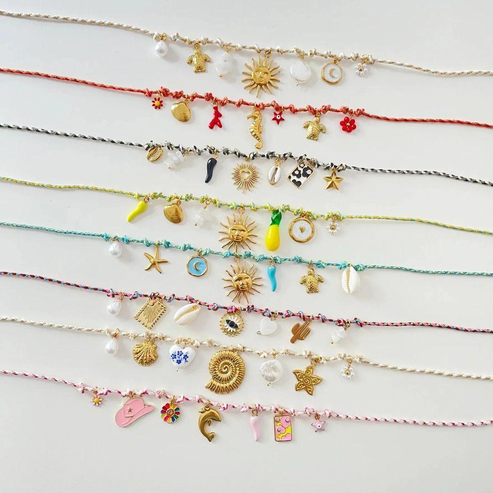 Pearl Accent DIY Knotting Rope Chain Copper Gold-Plated Necklace Turtle Pendant Necklace  Summer