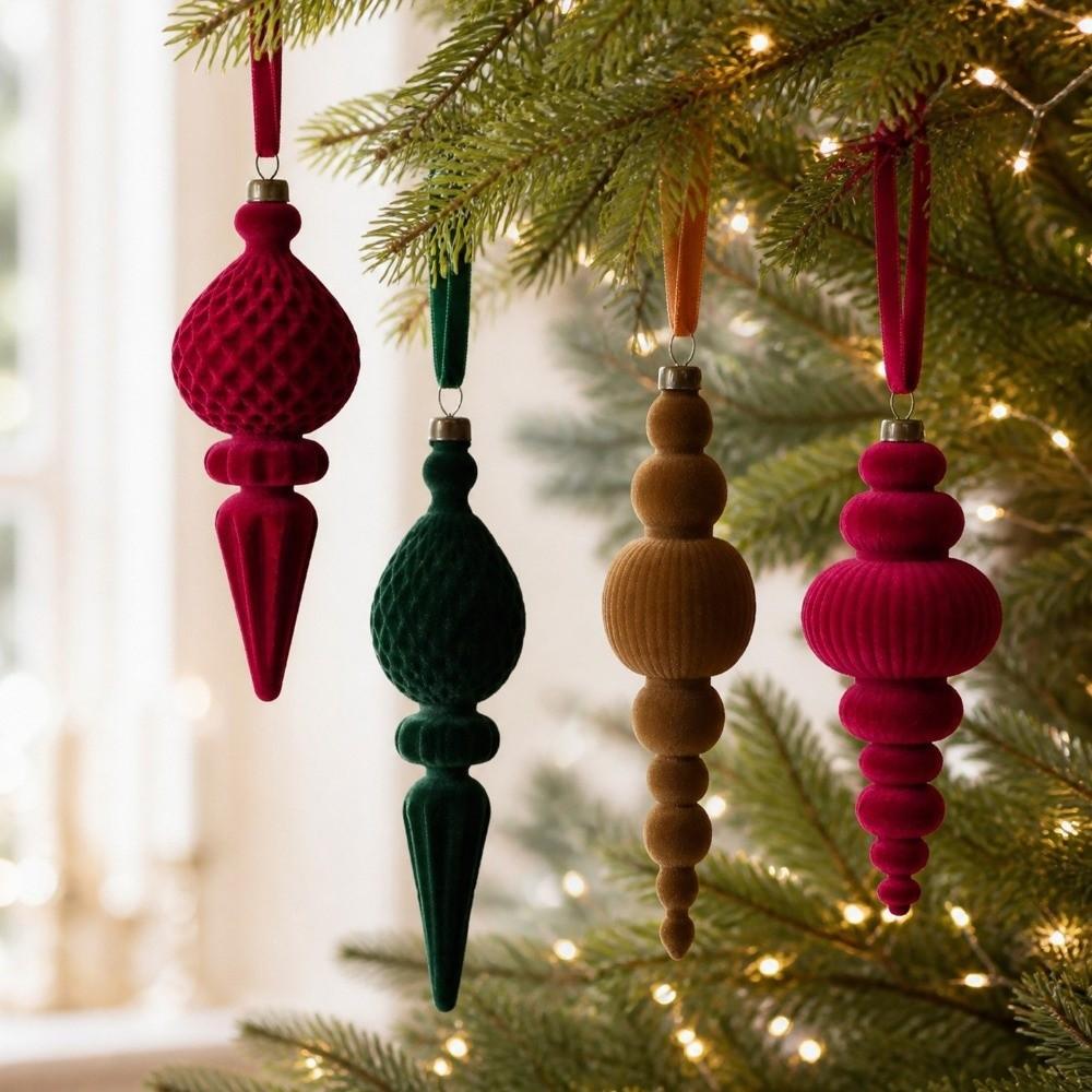 9Pcs Vintage Velvet Christmas Ball Set Solid Color Christmas Finial Ball Pendants Indoor