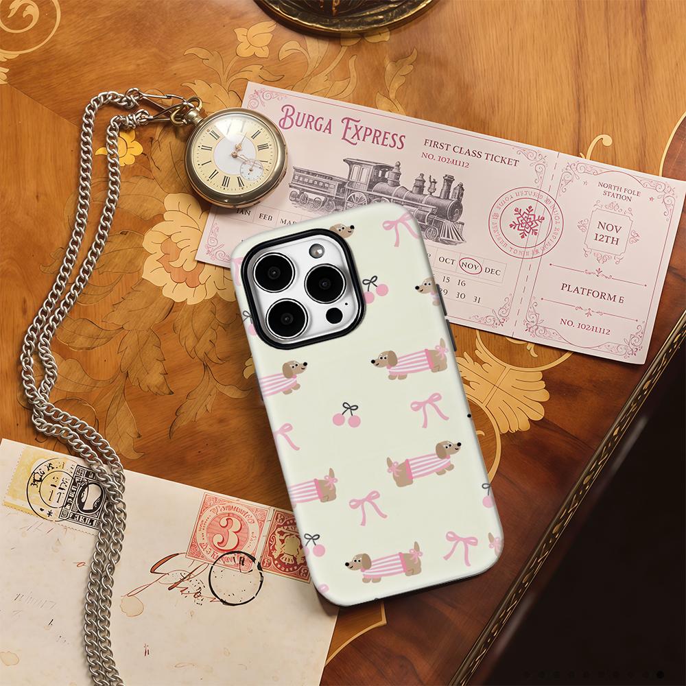 Чехол для телефона с рисунком таксы и вишневым бантом для IPhone 17AIR 16E 16 15 14 13 12 11 17 Pro Max Plus Двухслойная задняя крышка