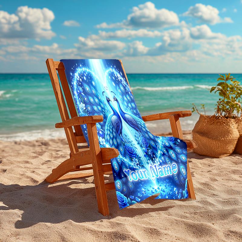 1PC Custom Name Love Peacock Heart Beach Towel Highly Absorbent And Sand-Resistant Towel for Swimming, Pool, Yoga, And Travel Lightweight