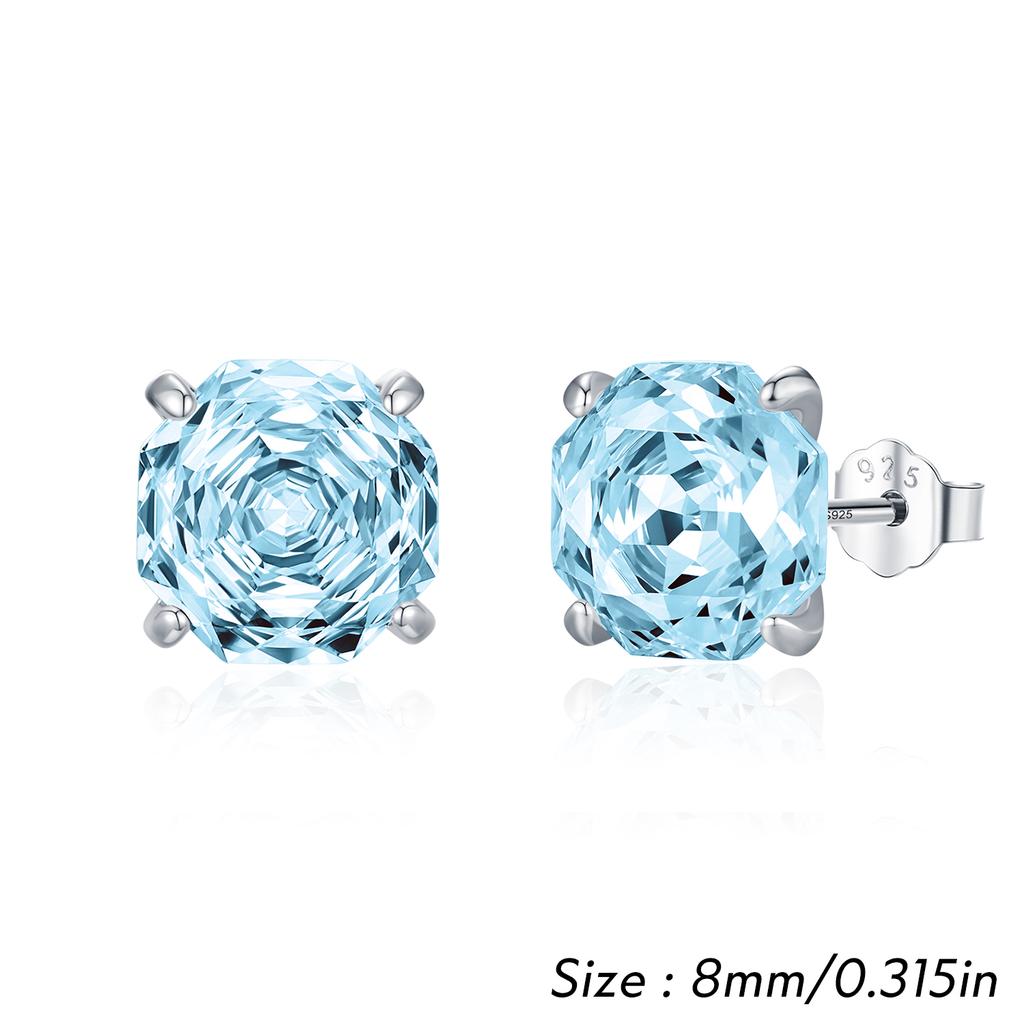 925 Sterling Silver Rhodium/Platinum Plated Trendy Sparkling Colorful Octagon Zircon Rose Cut Unisex Stud Earrings Women Gift
