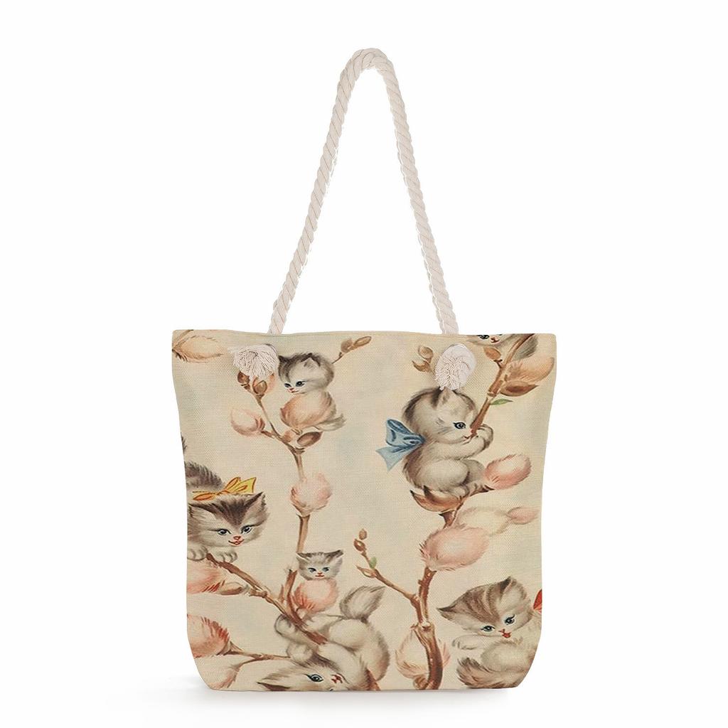 Cartoon cat print thick rope single-shoulder beach bag 7252
