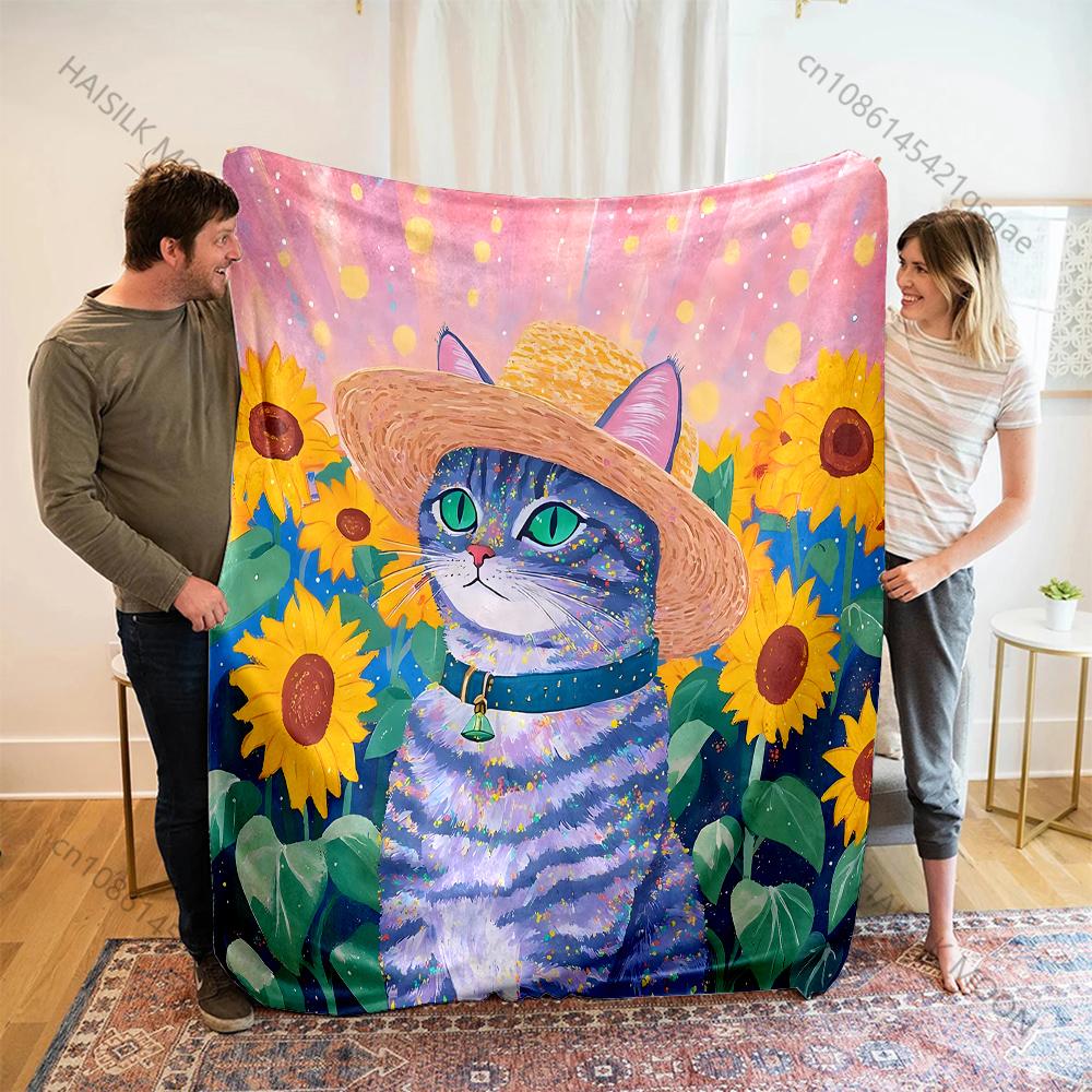 1PC Dreamy Sunflower Cat Print Adult Children Warm Blankets Home Travel Car Soft and Comfortable Suitable for all seasons