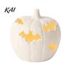 Lighted Pumpkin Statue Halloween Resin Figurine, Bat Hollow Out Lantern with Seasonal Desk Centerpieces Warm Light, Spooky Indoor Outdoor Home