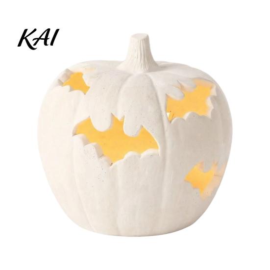Lighted Pumpkin Statue Halloween Resin Figurine, Bat Hollow Out Lantern with Seasonal Desk Centerpieces Warm Light, Spooky Indoor Outdoor Home