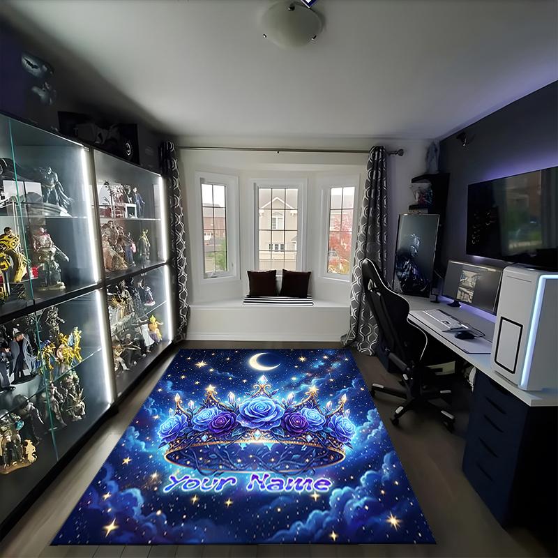 1PC Custom Name "Starry Night Crown" Theme Floor Mat Ideal for Living Room, Game Rooms, Office, Bedroom,Floor Mat Playful Design