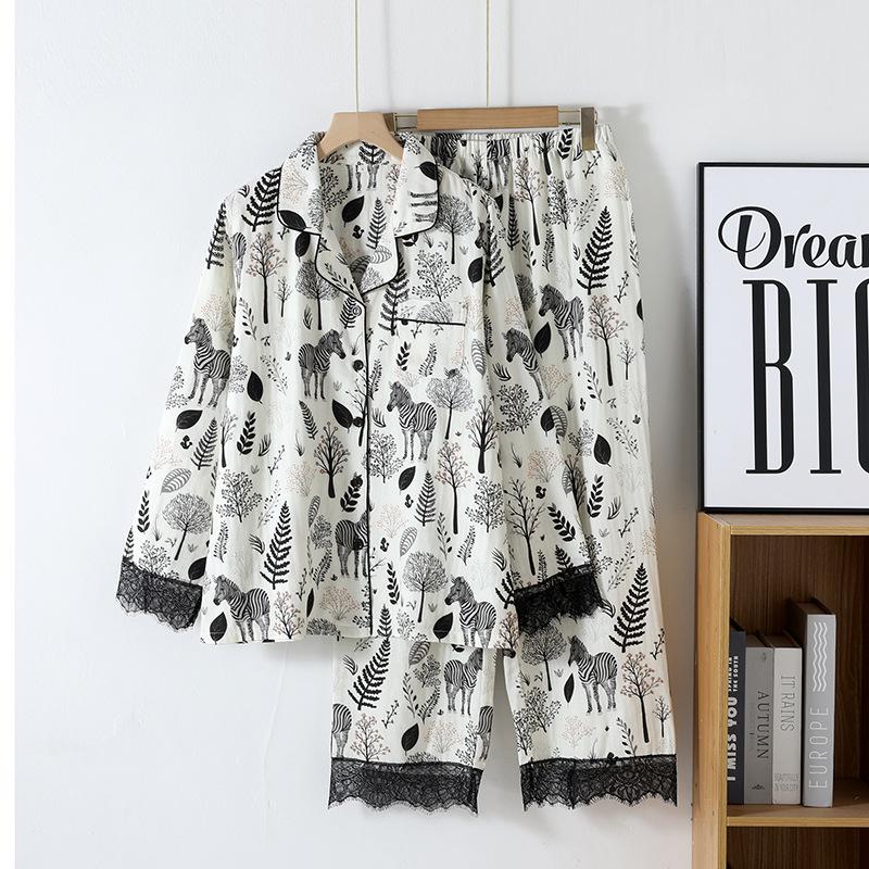 Простая двухслойная женская пижама из чистого хлопка с марлей, весна/осень, тонкая, с длинными рукавами, свободная домашняя одежда, черная пижама с принтом «зебра и лес»