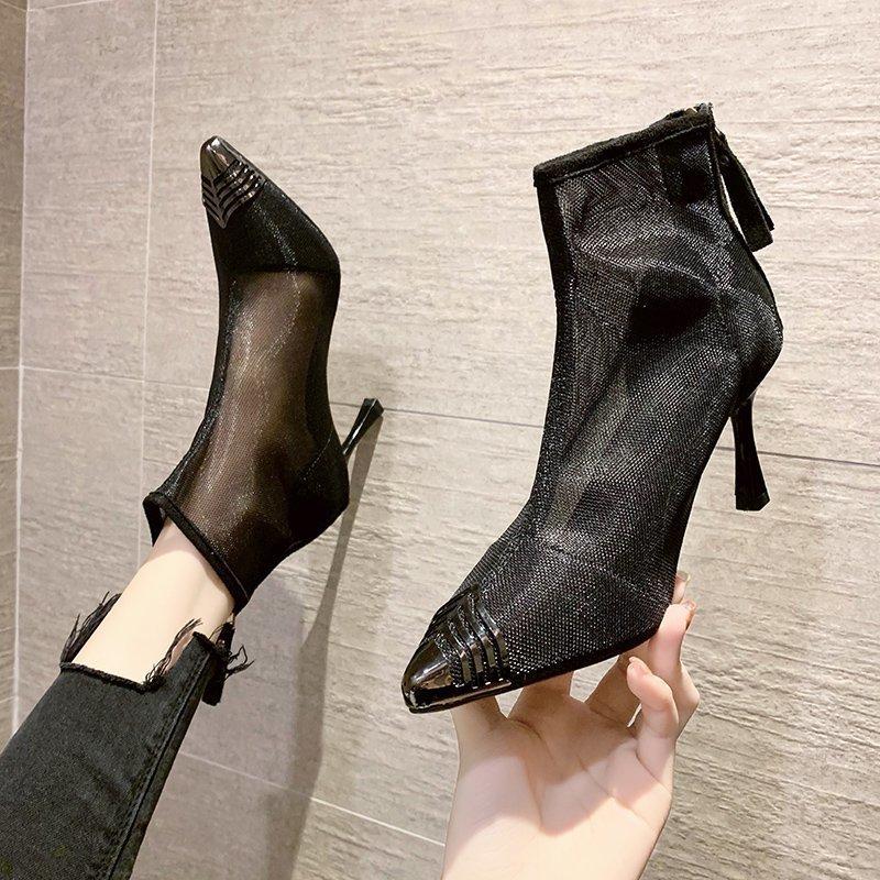 Женские босоножки, летние, новые, с металлической цепочкой и сексуальными черными холодными ботинками, на высоком каблуке, сандалии с застежкой-молнией и закрытым задником, ПУ, туфли для вечеринок, с заостренным носком