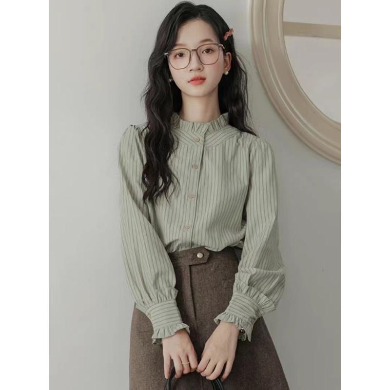 Loose Design Retro New French Ruffle Collar Long-sleeved Striped Shirt Top