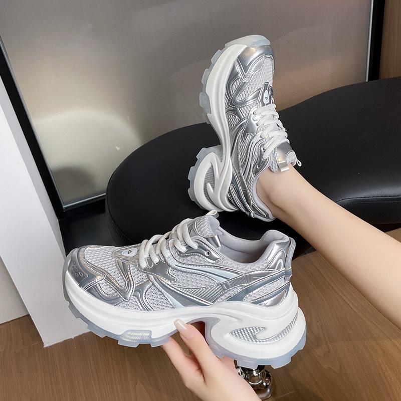 Туфли для папы на серебряной платформе, женская, новинка 2025 года, летняя, тонкая, дышащая, сетчатая, спортивная, универсальная, повседневная, женская обувь