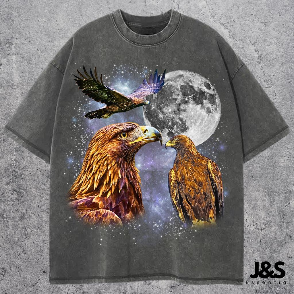 Three Golden Eagle Retro Graphic T-shirts, Vintage Eagle Moon Tshirt, Eagle Lovers, Funny Eagle Tee, Oversized Washed Tee, Silly Gift