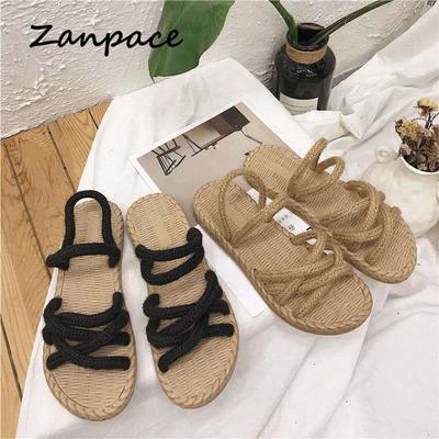 Модные летние сандалии ZANPACE для женщин в стиле ретро из пеньковой веревки, плетеные римские туфли с открытым носком, пляжные плоские повседневные женские сандалии Mujer 2024