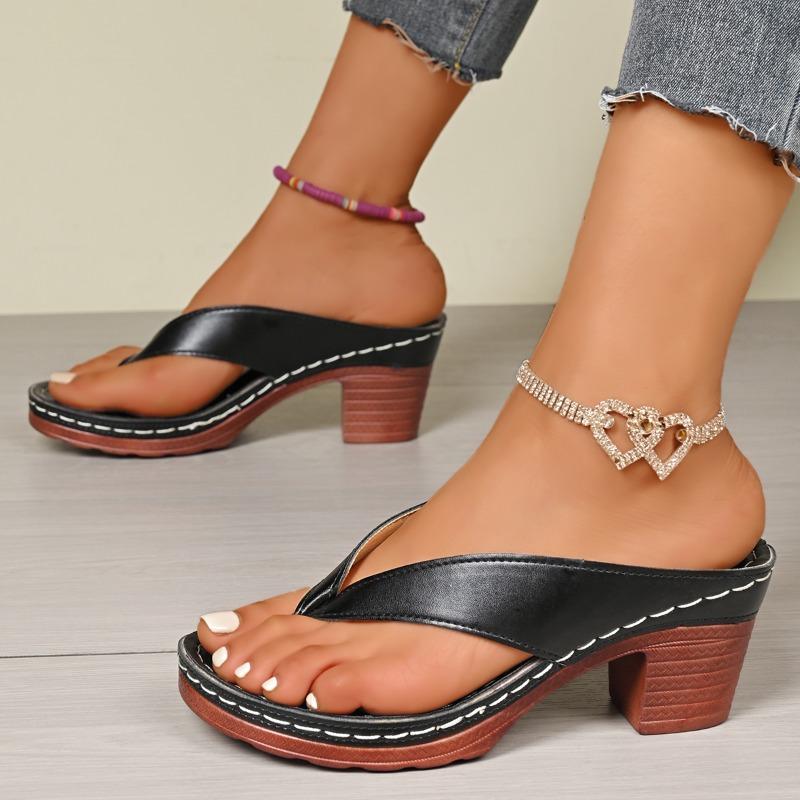 Women Sandals High Quality Summer Sandals Woman Solid Color Mid Heel High Heels Shoes Women Open Toe Flip Flops Sandals Female