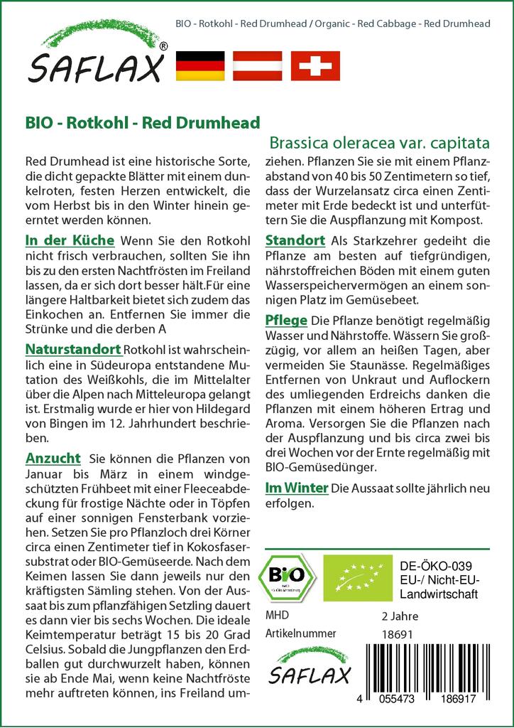 SAFLAX Organic - Красная капуста - Красная головка - 250 семян - Brassica oleracea
