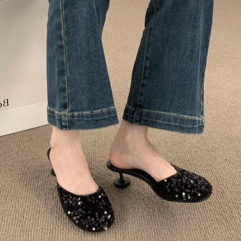 Сандалии розовые кристаллы летняя сексуальная обувь для женщин 2024 г. шлепанцы из горного хрусталя мюли женские тапочки драгоценности высокий каблук до 5 см нормальный F