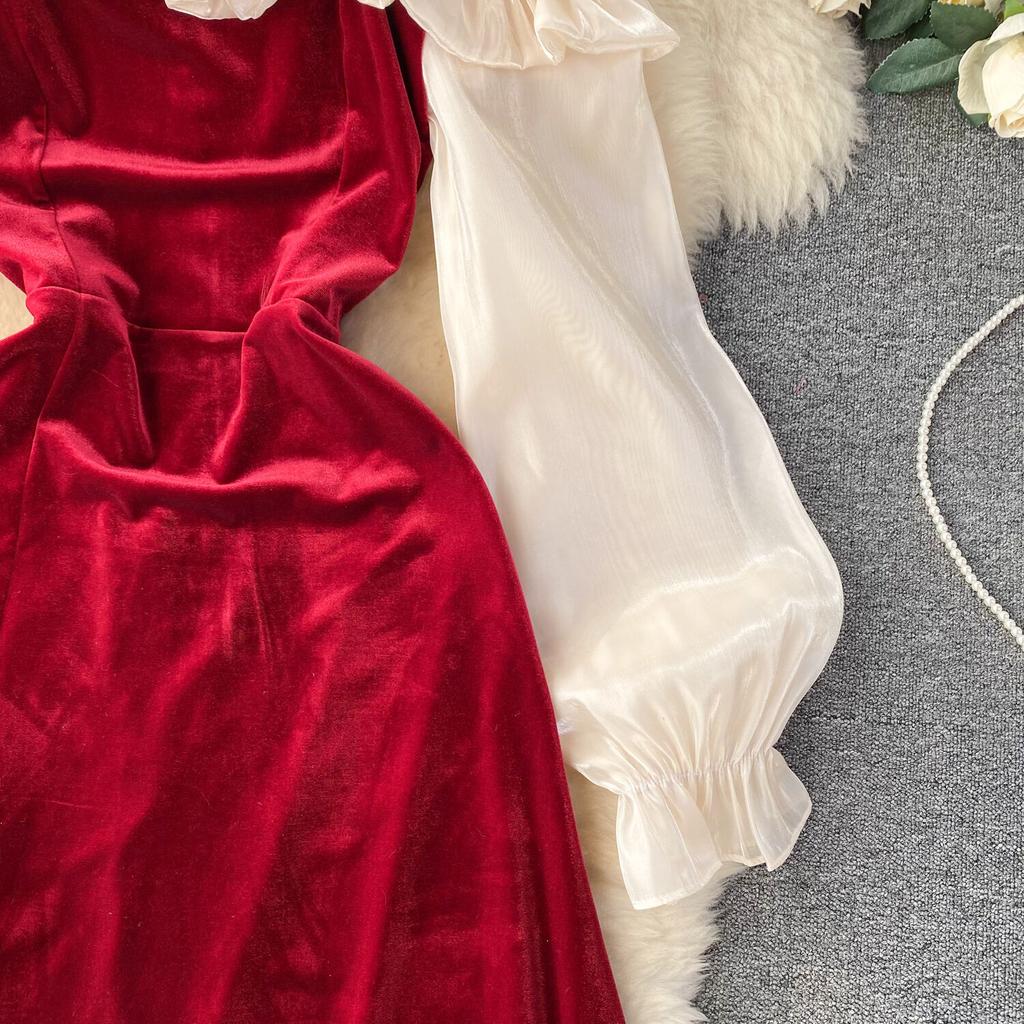 Elegant Ruffle Patchwork Velvet Dress Women Contrast Color Long Sleeve Split Evening Dresses Autumn Winter New Sweet Red Prom Clothes
