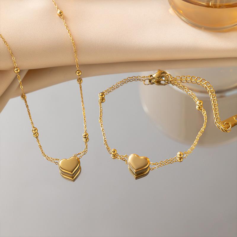 3PCS Stainless Steel Gold Plated Heart Necklace Bracelet Earrings Jewelry for Women Wedding Valentine's Day Fashion Jewelry Gift