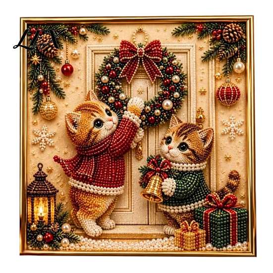 Holiday Wall Decor Projects Xmas Cat Faux Pearl Painting Kit, Festive Art DIY Christmas Relaxing Cute Kitty 3D Bead Craft Kit for Adults Teens,