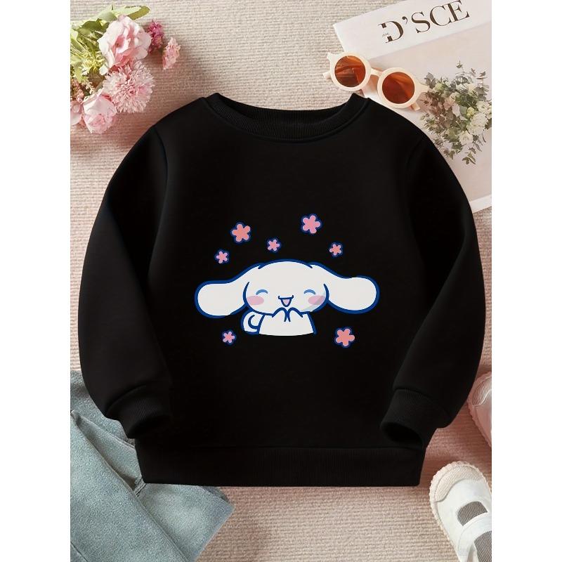 Европейский размер Sanrio Мультяшный принт Девочки Повседневная толстовка Чиби Белые ушки с розовыми цветами Детская Спортивная С длинным рукавом Круглый вырез Пуловер