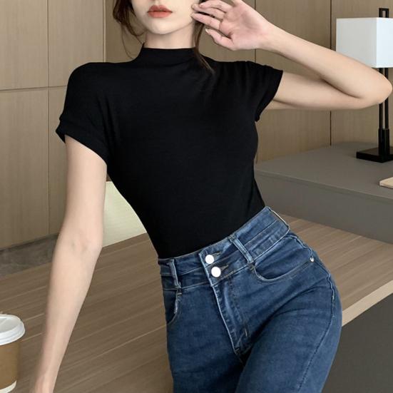 Женские топы с полувысоким воротником, короткими рукавами, приталенная футболка, однотонная