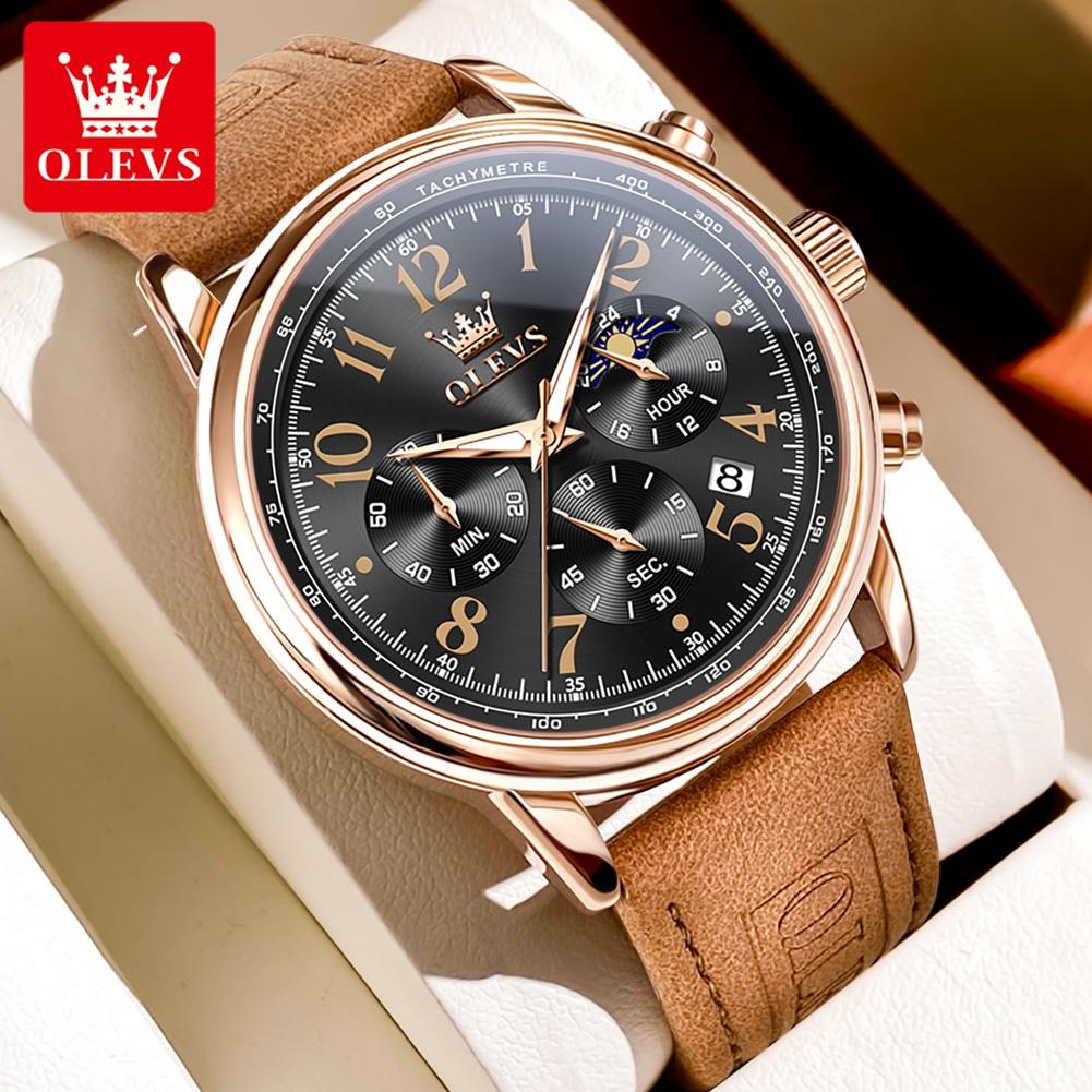 OLEVS 2912 Sport Chronograph Quartz Watch For Men Moon Phase Number 43mm Big Dial Man Watches Waterproof Original Hand Clock