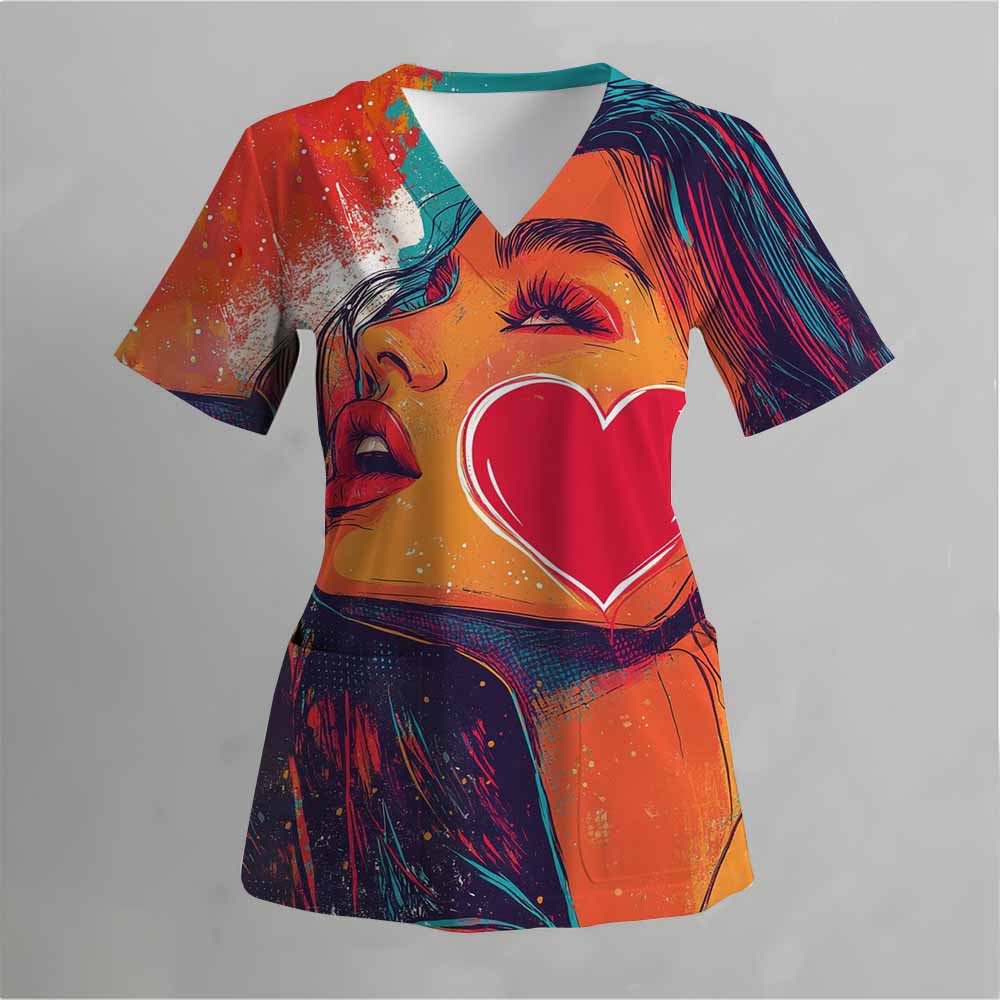 Матовая медицинская униформа с розовым рисунком в виде кошки, женская униформа с V-образным вырезом и коротким рукавом, с карманом, женская матовая