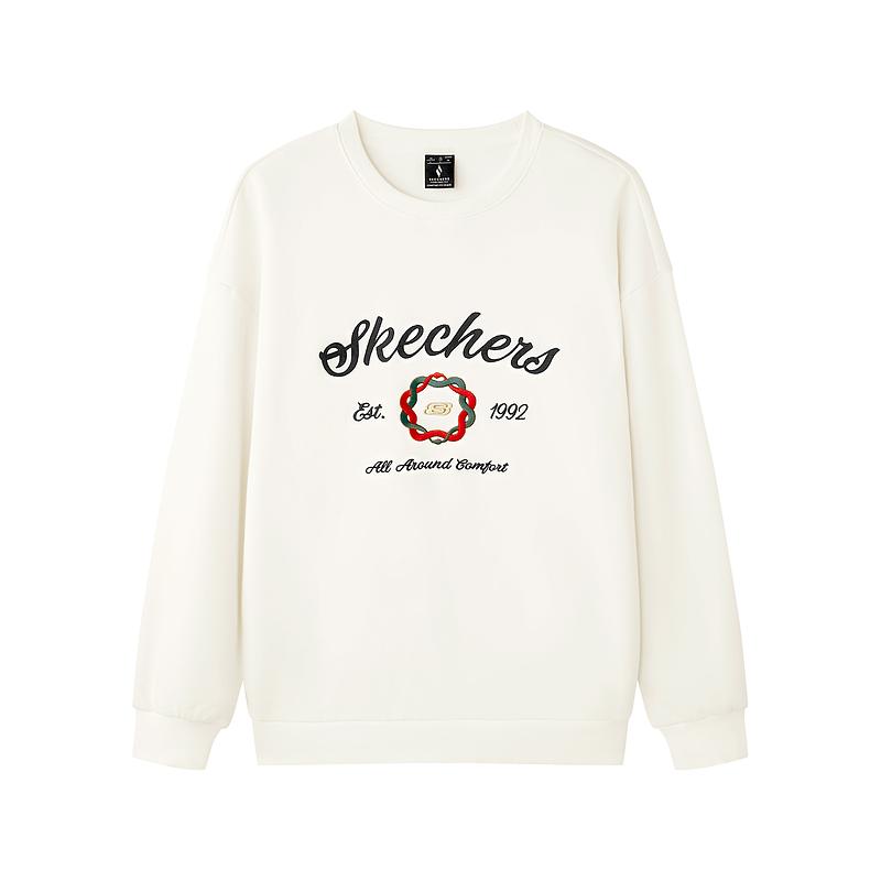 Skechers Новогодняя коллекция Удобная Мода Мягкий Свитшот с Круглым Вырезом Универсальный Мужские Топы Хлопковый-Конфетный-Белый L125M058-0074