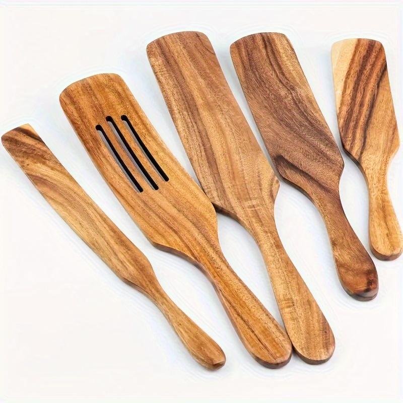 5pcs/set Premium Wooden Spatula Set, Durable Kitchen Cooking Utensils, Stylish Handcrafted Solid Wood Turner and Spoons, Cookware Needs Kitchen Stuff