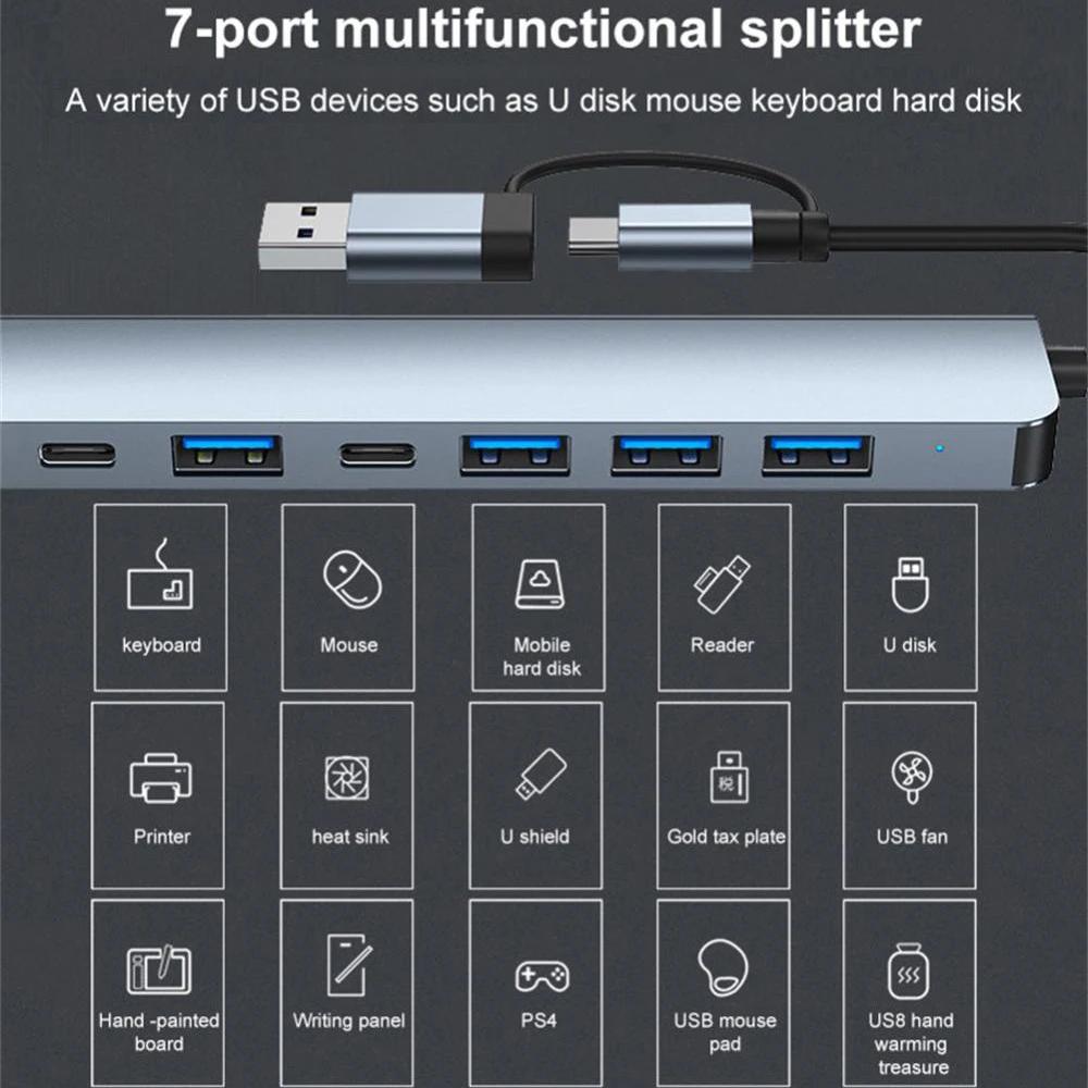 USB C Hub 7 Ports Multi USB Splitter Type C Dock Station USB 3.0 2.0 PD Adapter for Xiaomi MacBook Pro Plug and Play Support U Disk Keyboard Mouse