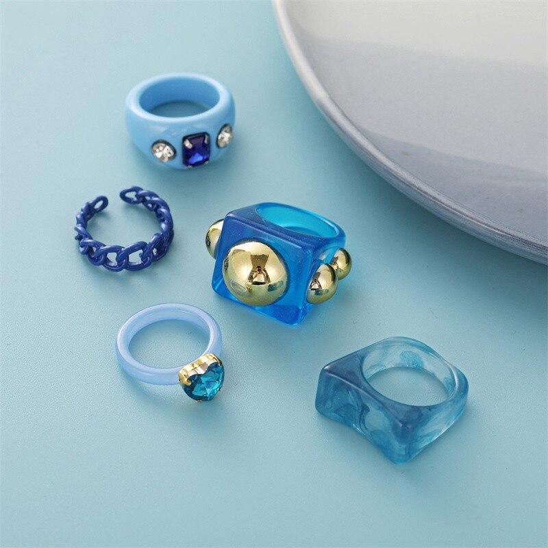Ins Aesthetic, 5 шт./компл., синий цвет, тема, гипербола, толстые акриловые кольца из смолы, набор для женщин, девчачьи модные кольца для вечеринок «сделай сам», ювелирные изделия