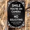 Tin Sign Smile Youre On Camera No Soliciting Do Not Disturb Thank You Vintage Metal Wall Art for Home Office Garage Bar Club I