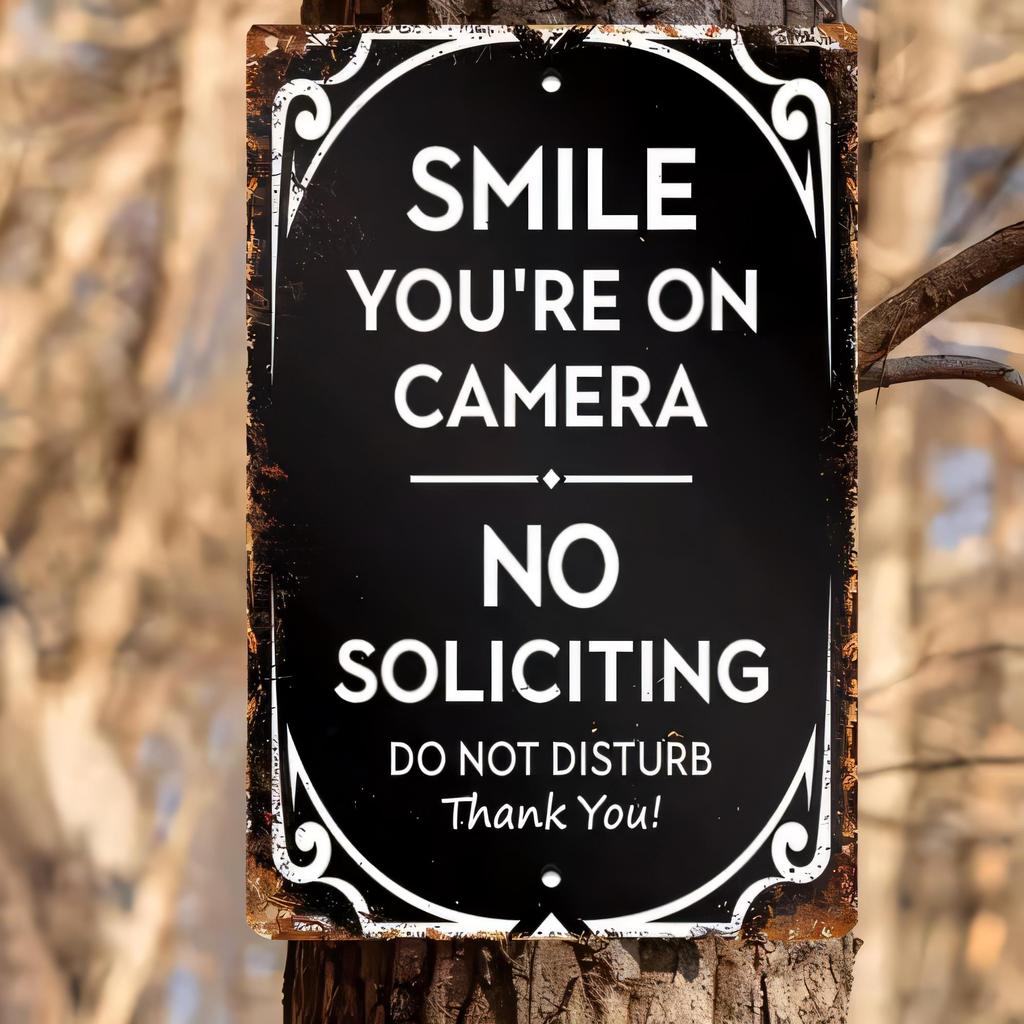 Tin Sign Smile Youre On Camera No Soliciting Do Not Disturb Thank You Vintage Metal Wall Art for Home Office Garage Bar Club I