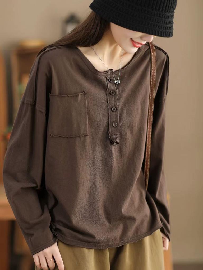 Johnature Fashion Personality Splicing Casual T-Shirt Woman Autumn Casual O-Neck Solid Color Loose T-Shirt