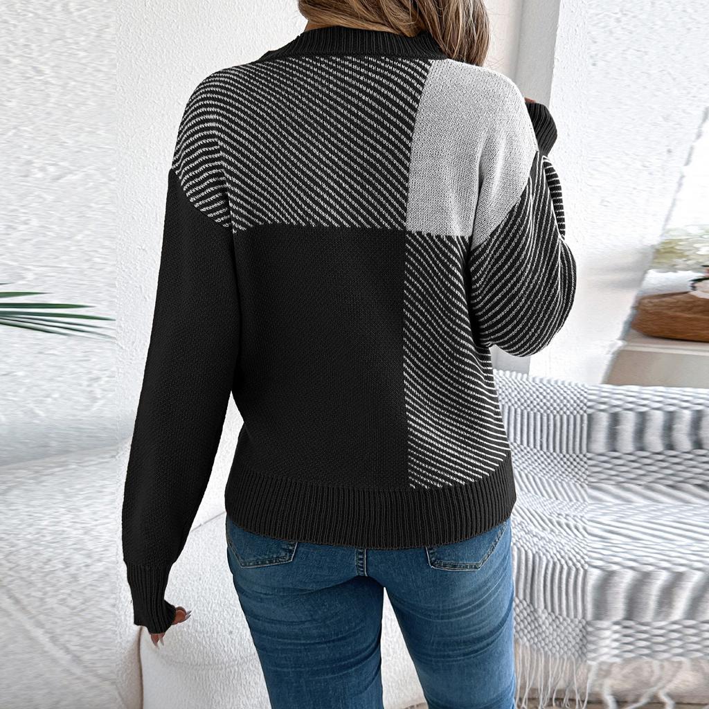 Женский модный повседневный пуловер с контрастным клетчатым узором и длинными рукавами