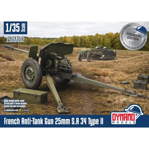Dynamo Models 1/35 French Hotchkiss 25mm S.A. 34 Type 2 Anti-Tank Gun Premium Edition Plastic Model DYN35DM002P