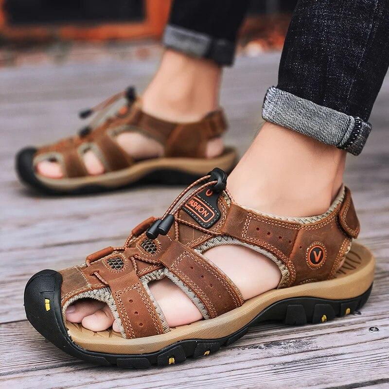 Men Sandals Summer Genuine Leather Mens Casual Shoes Outdoor Leather Sandals for Men Beach Shoes Roman Shoes Rubber Water Shoes