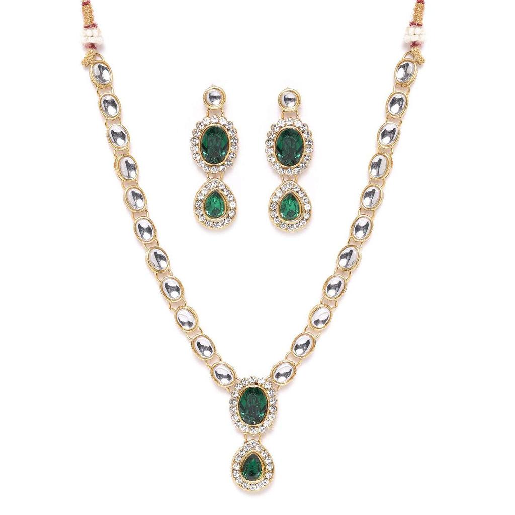 Ожерелье и серьги ZAVERI PEARLS Gold Tone Kundan & Green Stones из свадебной коллекции