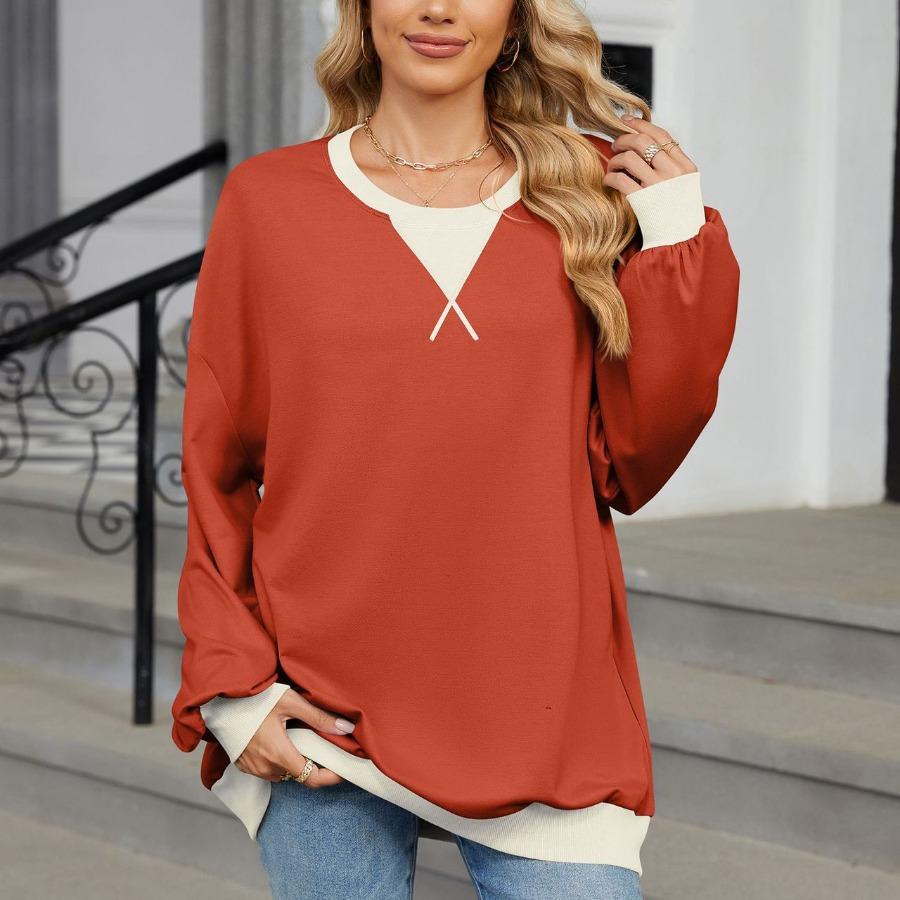 Осенне-зимние пуловеры и длинные рукава женские контрастные цвета с круглым вырезом свободная толстовка больших размеров