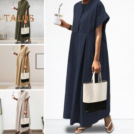 Летнее платье макси, свободное плиссированное платье с круглым вырезом и короткими рукавами, чистый цвет, большие размеры, повседневная одежда, женское платье макси