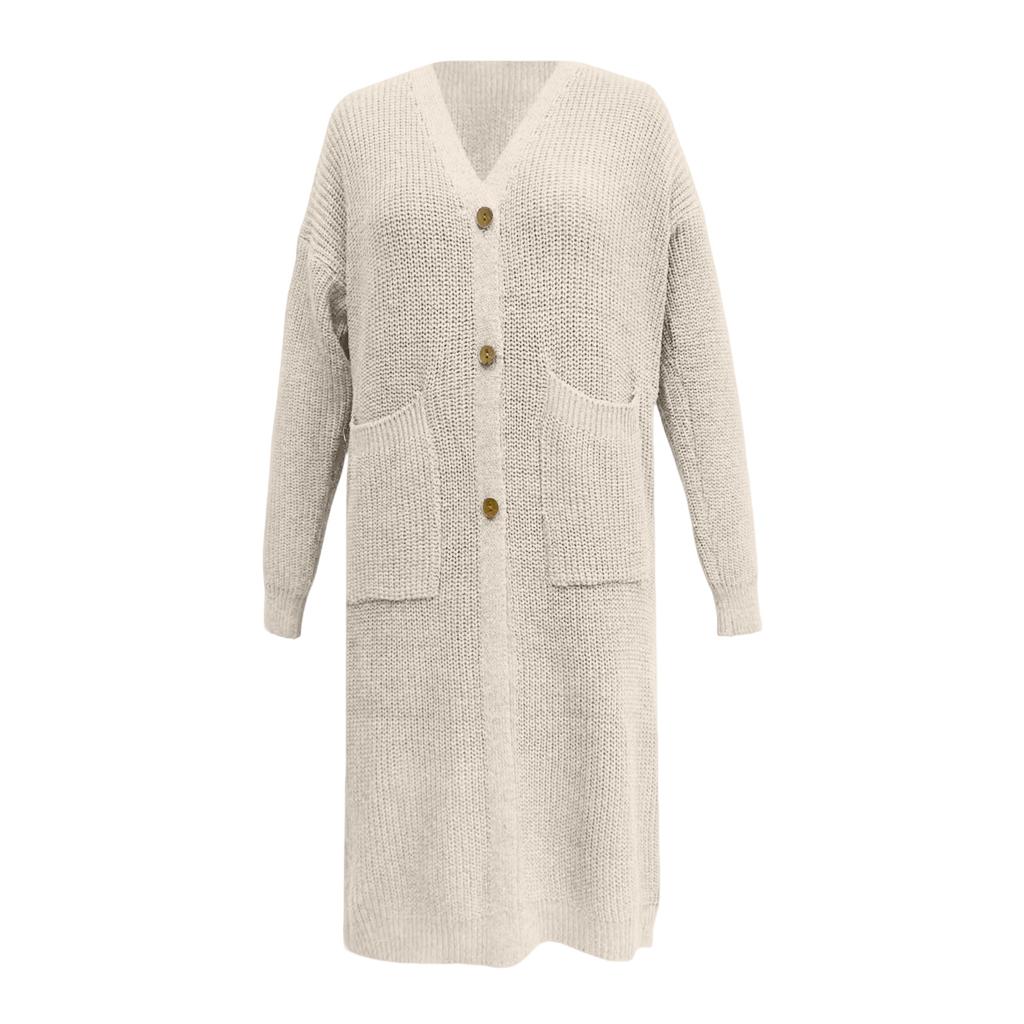 Women's Solid Color Long Sleeved Knee Length Knitted Cardigan, Lazy Trend, Medium Long Hair Jacket