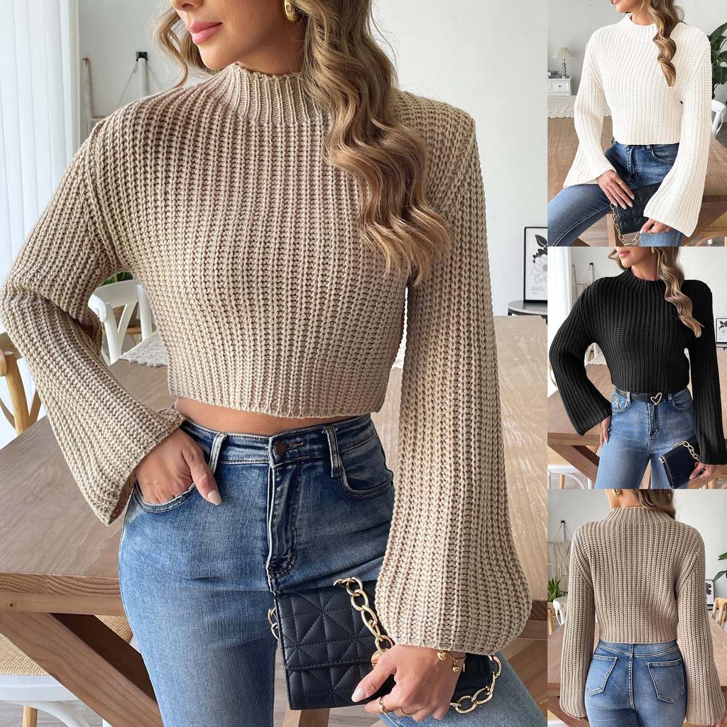 Ladies, Short Crop Top, Woven Sweater, Autumn and Winter New Style, Flared Sleeves, Semi High Neck, Pullover Sweater