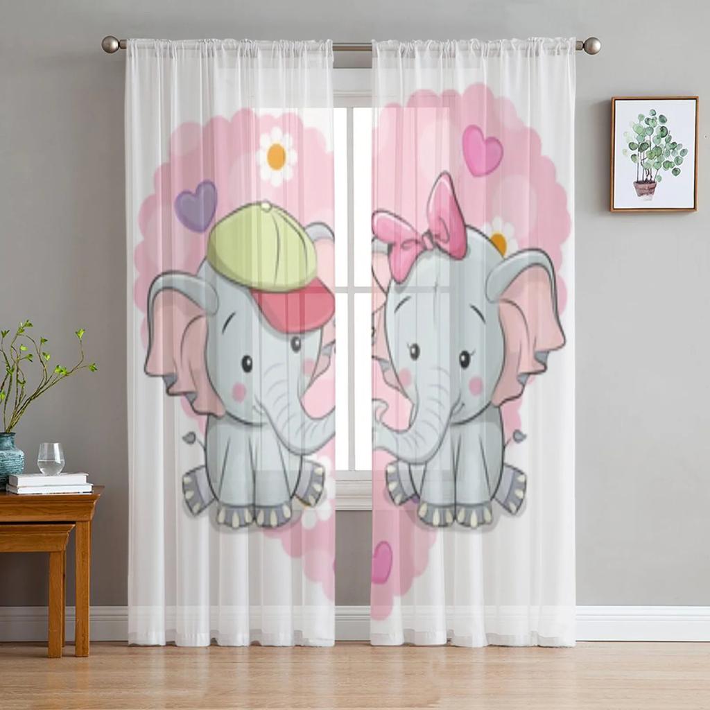 Cartoon Little Elephant With Star And Moon Translucent Drapes For Living Room Window Opening Clear Voile Tulle Drape Bedroom Space Space Curtains
