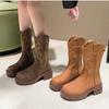 Ретро Вышитые Ботильоны на Массивной Платформе Женские Зимние Кожаные ПУ Ботинки на Молнии для Женщин Нескользящие Ковбойские Ботильоны
